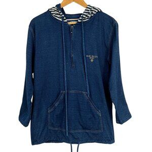 Blue Willi's Denmark Hoodie Top Navy Blue 1/4 Zip 3/4 Sleeve Striped Size Small